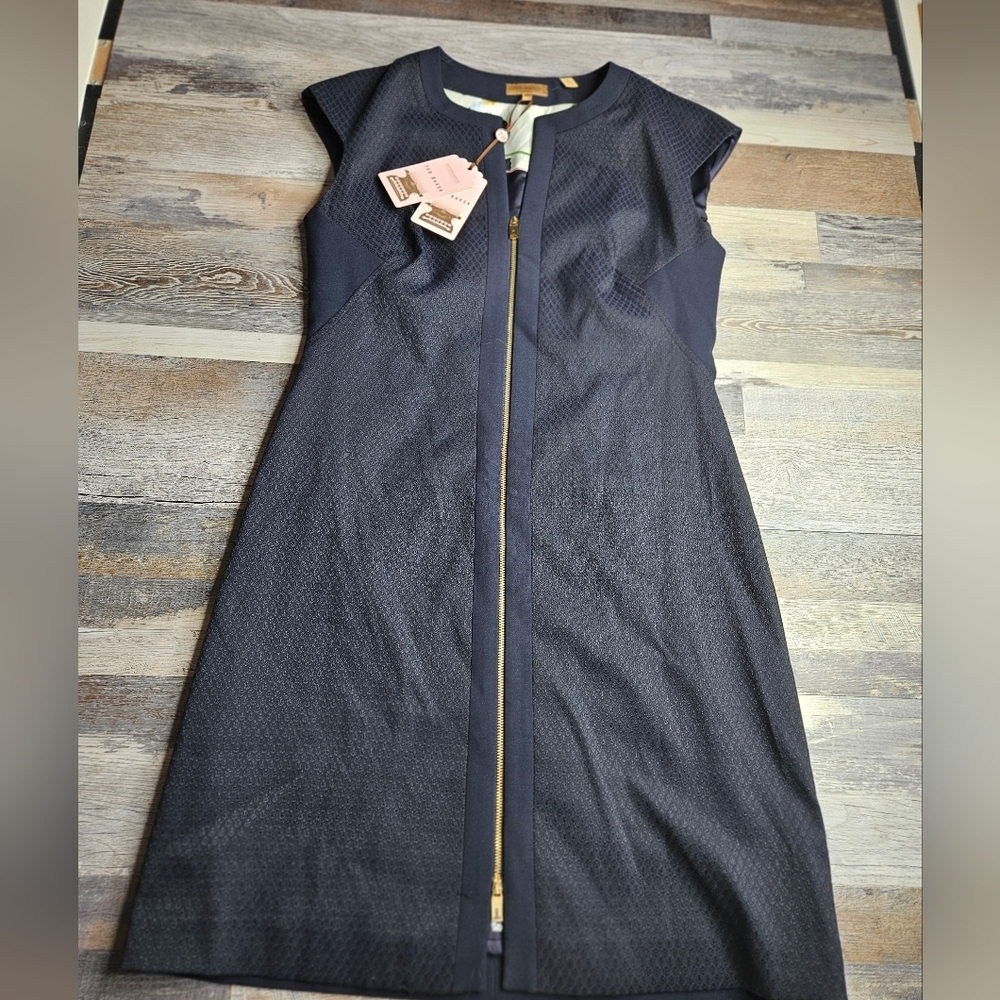 Ted Baker Textured Dress Navy Blue Zipper Front Size 8 NEW - Picture 2 of 11